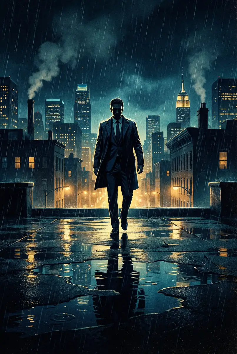 最美是你剧情介绍 出品影片《雨夜独行者》海报，雨中城市屋顶男性剪影